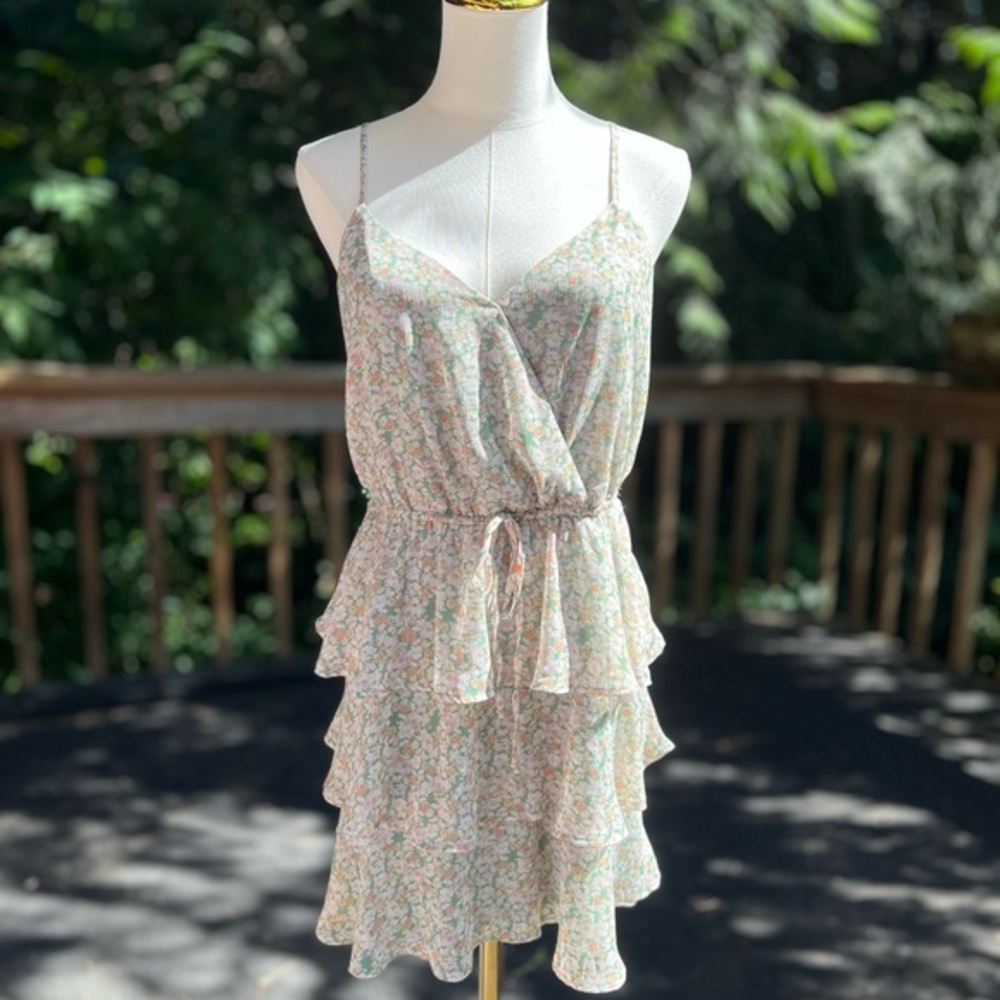 Trixxi Floral Dress Faux Wrap Sleeveless Chiffon Green & Pink | Medium EUC